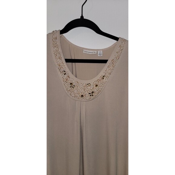 Susan Graver 1X Beige Embellished Scoop Neck 3/4 Sleeve Top Beaded Dressy Blouse - Picture 3 of 6